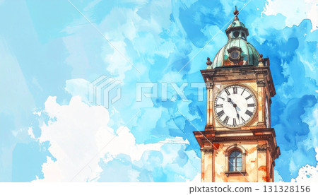 Watercolor illustration of an old clock tower with Roman numerals against a bright blue sky, blending architecture and art, ideal for vintage, travel, and historical design concepts 131328156