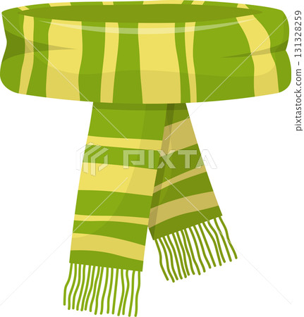 Stylized green and yellow striped scarf with fringe, adding warmth and style to any outfit. 131328259