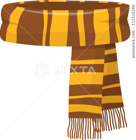 Warm brown and yellow striped scarf with tassels, cozy winter accessory for chilly weather. 131328260