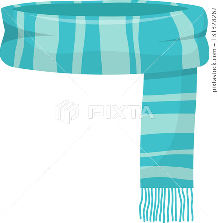 Illustration of a striped blue scarf with fringes, isolated on a black background. 131328262
