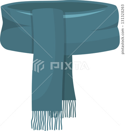 A cozy blue scarf with fringed ends, depicted on a stark black backdrop. Simple design, winter wear. 131328263