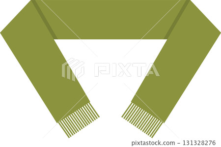 A green-colored, fringed scarf is lying flat. It could be wool, cotton, or any kind of fabric. 131328276