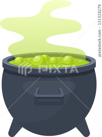 A bubbling cauldron filled with green liquid, releasing a thick plume of green vapor into the air. 131328279