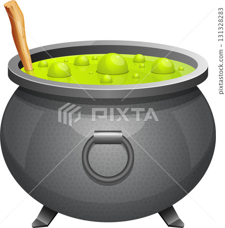 Bubbling bright green liquid simmers in a grey cauldron, with a wooden spoon inside the pot. Bubbling bright green liquid simmers in a grey cauldron, with a wooden spoon inside the pot. 131328283