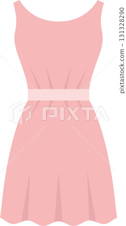 A pink dress with a cinched waist and sleeveless design, set against a stark black background. 131328290