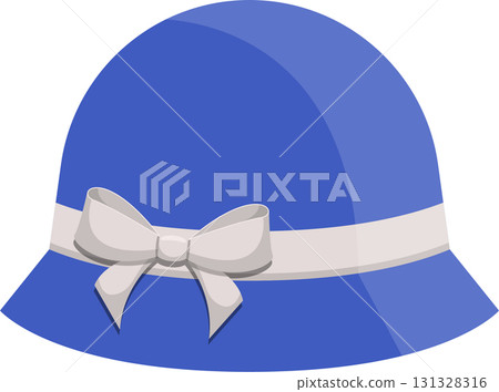 A charming illustration of a blue cloche hat adorned with a delicate white bow and matching band. 131328316