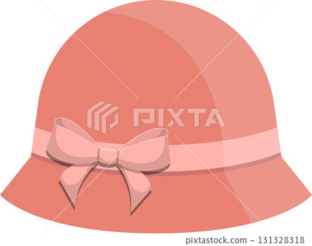 A charming peach-colored cloche hat with a delicate ribbon and bow, a delightful accessory. 131328318