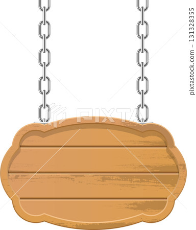 Wooden signboard suspended by metal chains against a black backdrop, ready for customization. Wooden signboard suspended by metal chains against a black backdrop, ready for customization. 131328355