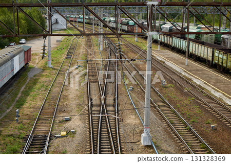 An Aerial Perspective Showing Train Tracks Alongside Freight Cars Located in a Rail Yard An Aerial Perspective Showing Train Tracks Alongside Freight Cars Located in a Rail Yard 131328369