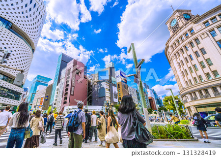 Tokyo cityscape, Japan, September 24th. Ginza, Tokyo. View of Seiko House Ginza and other buildings. 131328419