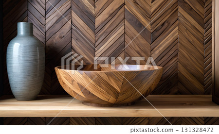 wooden textured ceramic bowl on wooden wall background wooden textured ceramic bowl on wooden wall background 131328472