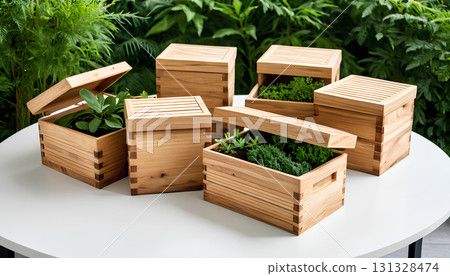 wooden crates with green grass in a box wooden crates with green grass in a box 131328474