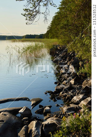 A peaceful and serene lakeside view showcasing beautiful rocks and lush reeds surrounding the lake 131328512