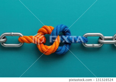 A Vibrant Interconnection: Orange and Blue Rope Knots Entwined 131328524