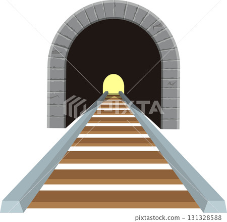 A railway tunnel with a stone archway, leading to a bright opening at the tunnel's end. 131328588