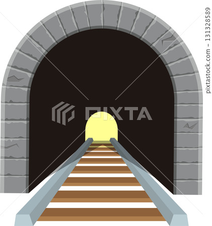 Illustration of a stone tunnel with train tracks leading into the light at the end. 131328589