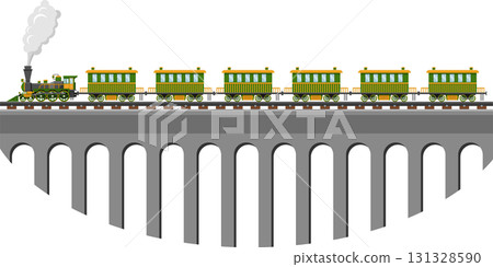 Vintage steam train chugs along a stone bridge, emitting steam from its stack and pulling coaches. 131328590