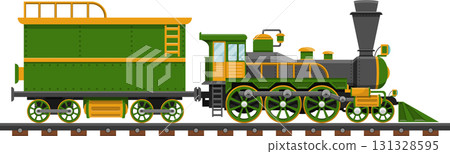 Vintage steam train in green and gold against black background, ready for an adventurous journey. 131328595
