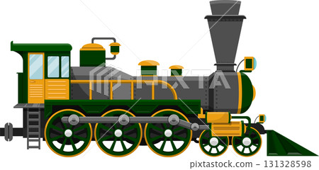 Vintage green and gray steam train with yellow accents, classic transportation illustration. 131328598