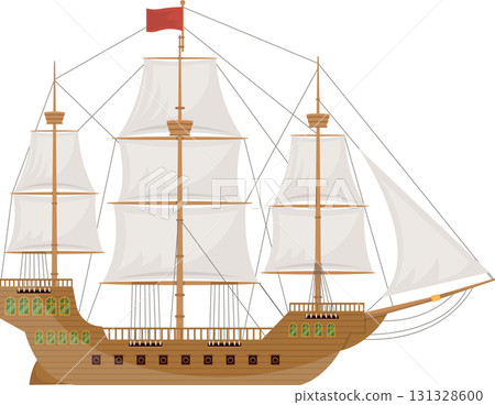 Detailed illustration of a classic sailing ship with its masts, sails, and rigging displayed. Detailed illustration of a classic sailing ship with its masts, sails, and rigging displayed. 131328600