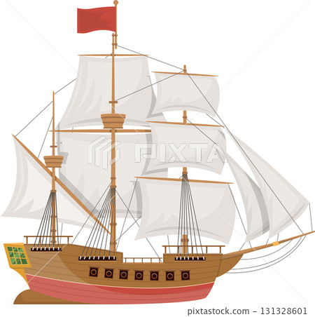 Illustration of a vintage sailing ship with white sails and a red flag against a black background. 131328601