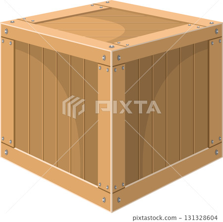 Isometric view of a wooden crate, featuring planks, frame, and metal rivets on a black backdrop. Isometric view of a wooden crate, featuring planks, frame, and metal rivets on a black backdrop. 131328604