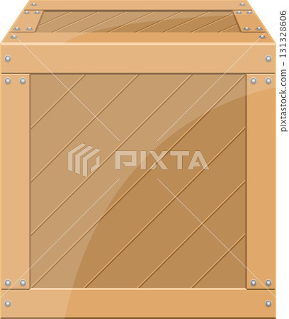 A sturdy wooden crate, reinforced with metal fasteners, stands ready for shipping or storage. 131328606