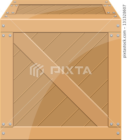 A wooden crate with crossbeam design and metal studs, a durable and classic container image. 131328607