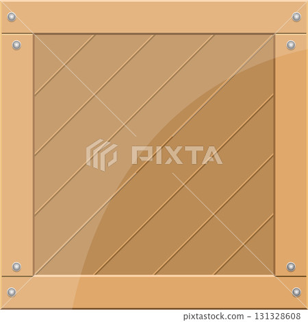 Illustration of a wood crate with a diagonally slatted front secured with metal studs. 131328608