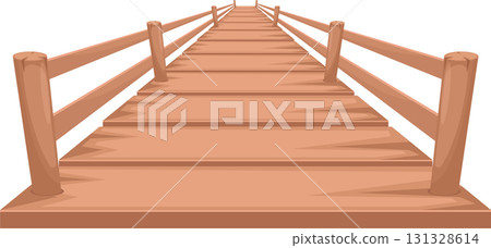 An upward angle of a wooden walkway with railing disappearing into the distance. Pathway to somewhere. An upward angle of a wooden walkway with railing disappearing into the distance. Pathway to somewhere. 131328614