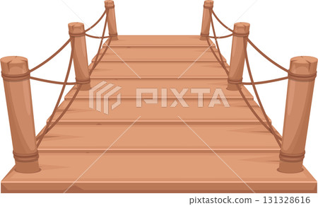 Illustration of a wooden footbridge with rope railings, spanning an unseen gap or feature. Illustration of a wooden footbridge with rope railings, spanning an unseen gap or feature. 131328616