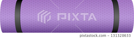 Rolled purple mat with black straps, perfect for fitness, yoga, or Pilates exercises. 131328633