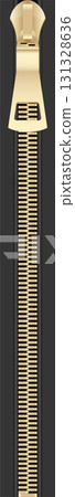 A close-up view of a golden zipper with a dark gray background, showcasing its intricate details. 131328636