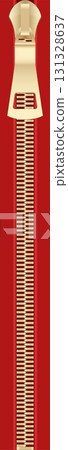 Close-up of a golden zipper on a red surface showcases texture and functionality in design. 131328637