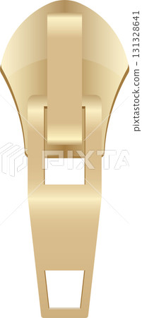 Close-up view of a metallic, golden zipper pull with a rectangular shape and glossy finish. Close-up view of a metallic, golden zipper pull with a rectangular shape and glossy finish. 131328641