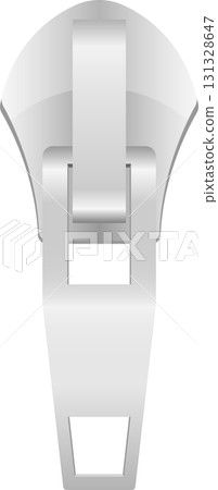 A shiny metal zipper pull is isolated against a black backdrop. It's a close-up shot of the fastener. 131328647