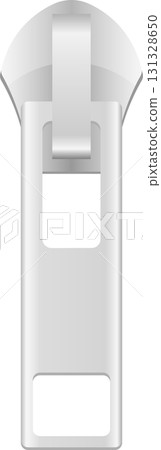 A shiny, metallic zipper pull with a smooth, clean design against a stark black background. A shiny, metallic zipper pull with a smooth, clean design against a stark black background. 131328650