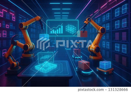 Futuristic Warehouse Automation with Robotic Arms Analyzing Data and Managing Inventory 131328666