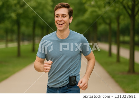 A Smiling Man Jogging Through a Serene Park Path, Embracing Fitness 131328681
