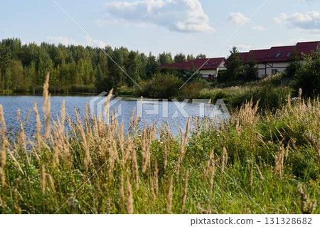 A Serene and Stunning Lakeside View Featuring Lush Vegetation Alongside Modern Architecture 131328682