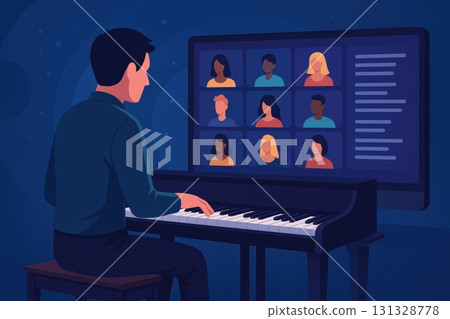 Musician Plays Piano While Engaging with Virtual Audience Through Video Conferencing Platform 131328778