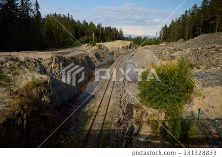 The Abandoned Railway Track Meanders Elegantly Through a Dense, Lush Forested Landscape The Abandoned Railway Track Meanders Elegantly Through a Dense, Lush Forested Landscape 131328833