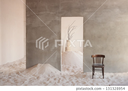 A Minimalist Interior Featuring a Chair Surrounded by a Tranquil Sand Landscape Scene A Minimalist Interior Featuring a Chair Surrounded by a Tranquil Sand Landscape Scene 131328954
