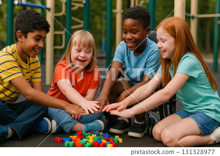 Group of Diverse Children Engaged in Playful Learning with Colorful Building Blocks Group of Diverse Children Engaged in Playful Learning with Colorful Building Blocks 131328977