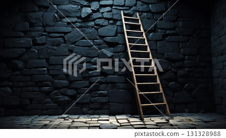 ladder to success kept on a stone wall 131328988