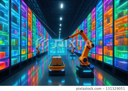 A Futuristic Warehouse Operational Environment Featuring Colorful Automated Robots A Futuristic Warehouse Operational Environment Featuring Colorful Automated Robots 131329051