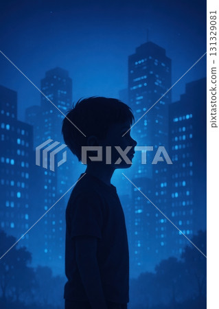 A Silhouetted Child Contemplating the Nightscape of a Vibrant City A Silhouetted Child Contemplating the Nightscape of a Vibrant City 131329081