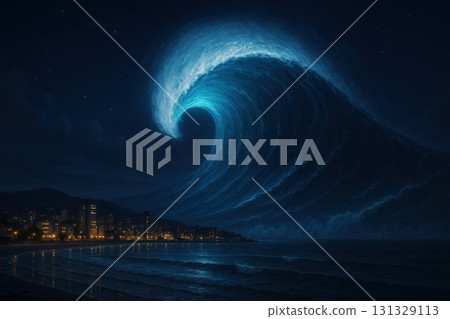 Majestic Wave Towering Over a Coastal City, Illuminated by Night Lights and a Starlit Sky 131329113
