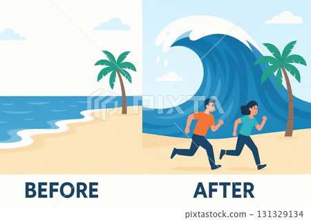 Visual Comparison of a Beach Scene Before and After a Massive Wave 131329134
