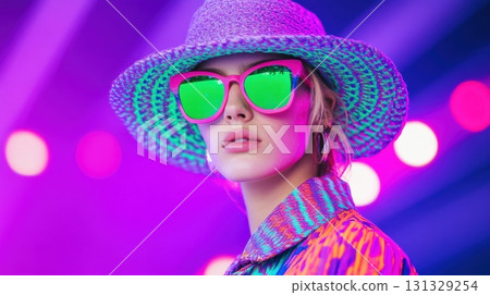 A Stylish Model Showcasing Vibrant Sunglasses and Colorful Attire Under Neon Lights A Stylish Model Showcasing Vibrant Sunglasses and Colorful Attire Under Neon Lights 131329254